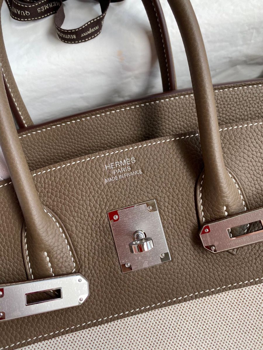 Hermes Birkin 35 Handmade Bag In Toile & Taupe Clemence Leather - Image 7