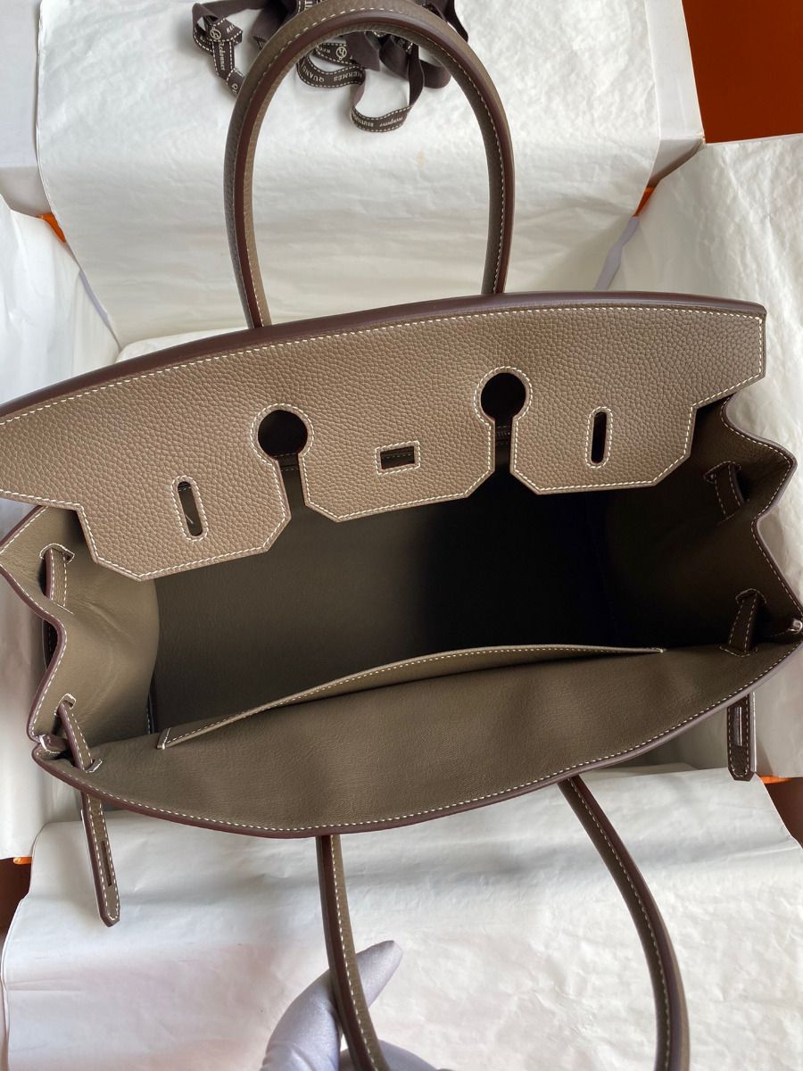 Hermes Birkin 35 Handmade Bag In Toile & Taupe Clemence Leather - Image 8