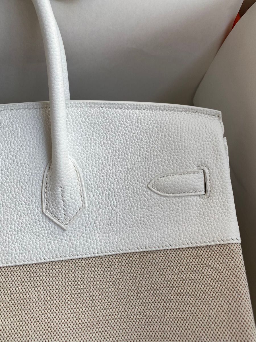 Hermes Birkin 35 Handmade Bag In Toile & White Clemence Leather - Image 5