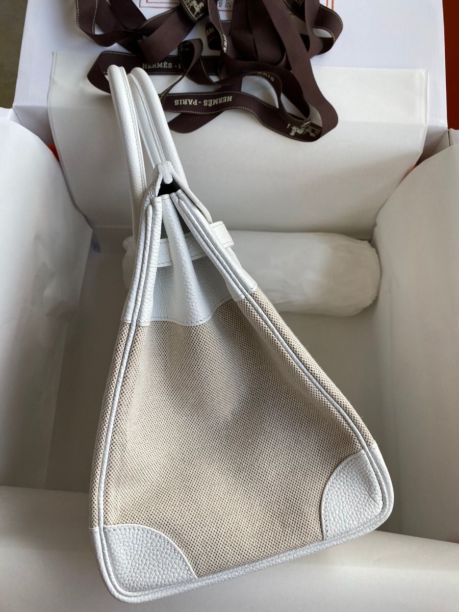 Hermes Birkin 35 Handmade Bag In Toile & White Clemence Leather - Image 6