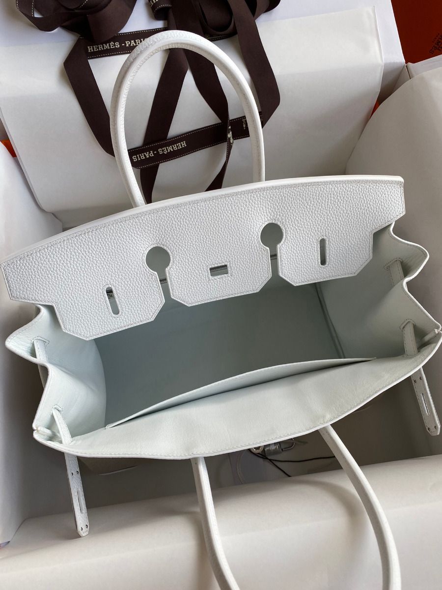 Hermes Birkin 35 Handmade Bag In Toile & White Clemence Leather - Image 8