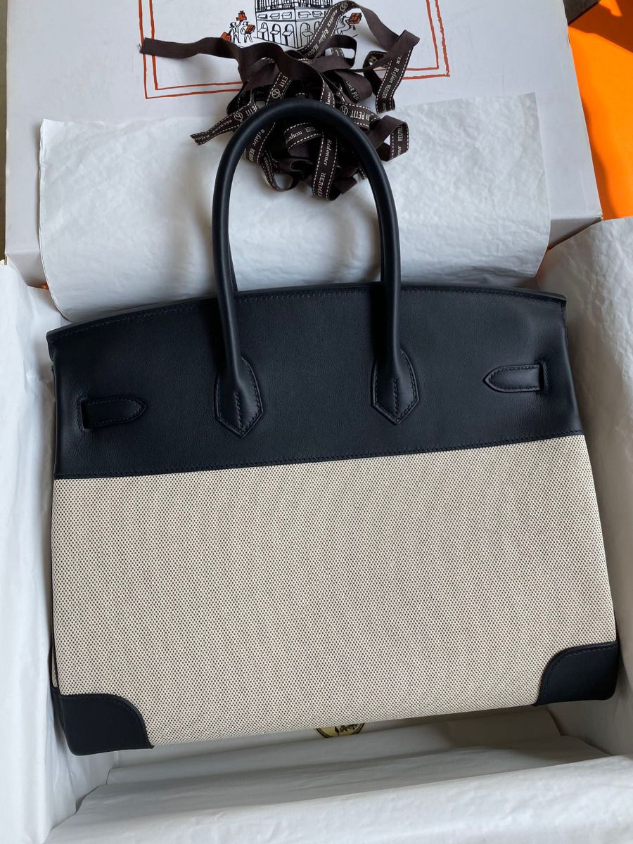 Hermes Birkin 35 Handmade Bag In Toile & Black Swift Leather - Image 3