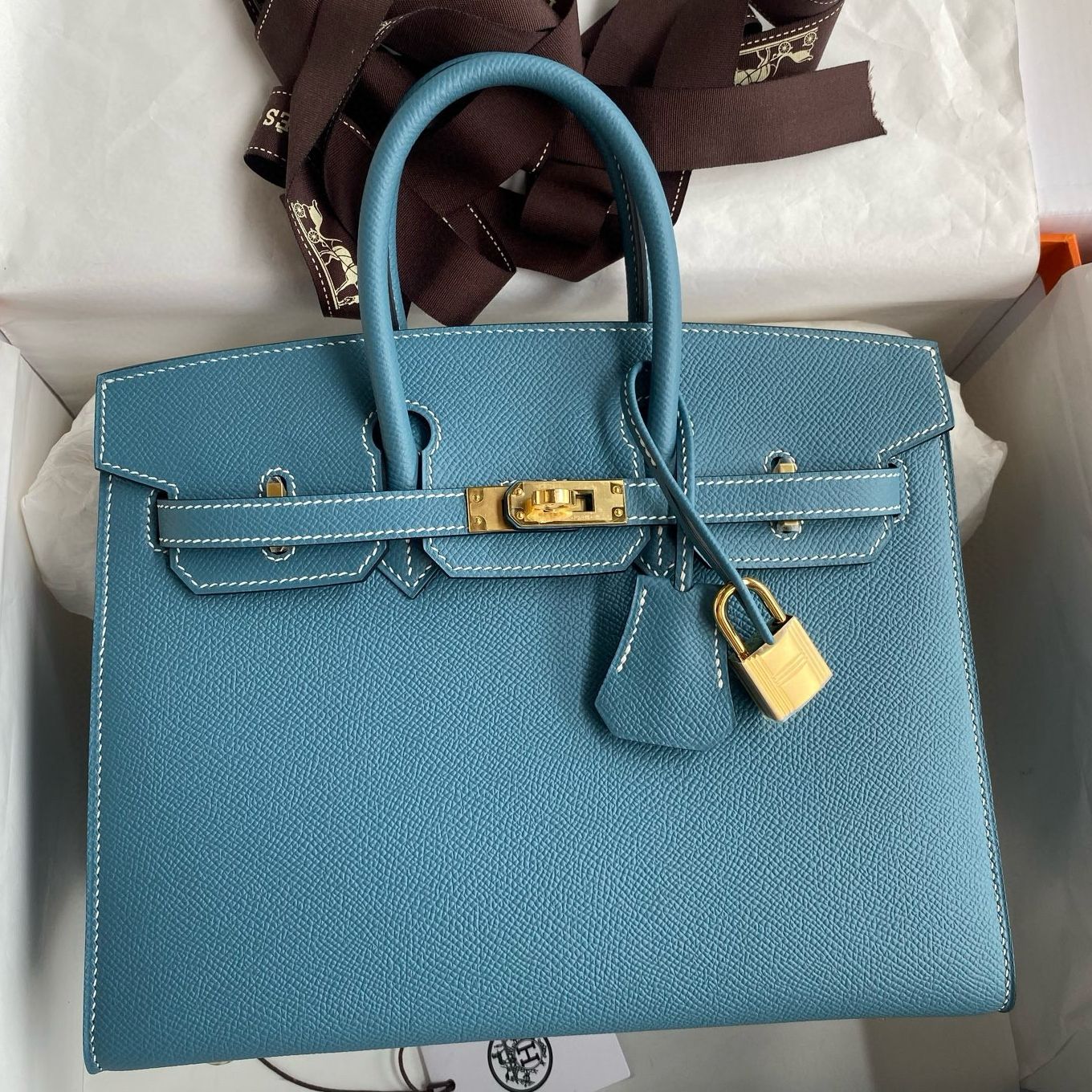 Hermes Birkin 25 Sellier Handmade Bag in Blue Jean Epsom Calfskin