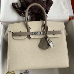 Hermes HSS Birkin 25 Sellier Bag in Craie and Gris Asphalt Epsom Calfskin