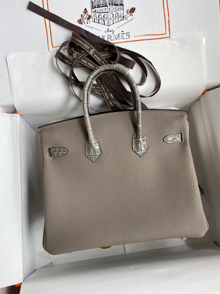 Hermes Touch Birkin 25 Bag In Gris Asphalt Shiny Niloticus Crocodile Skin - Image 3