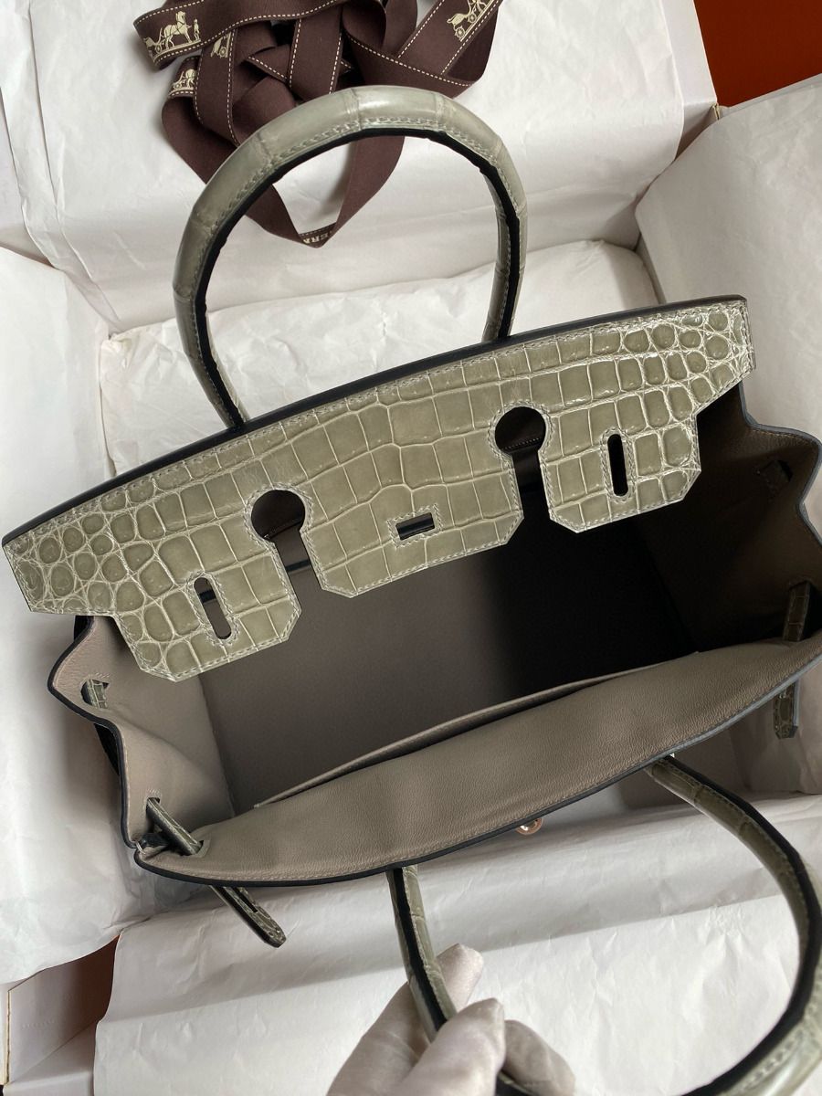 Hermes Touch Birkin 30 Bag In Gris Asphalt Clemence and Shiny Niloticus Crocodile Skin - Image 7