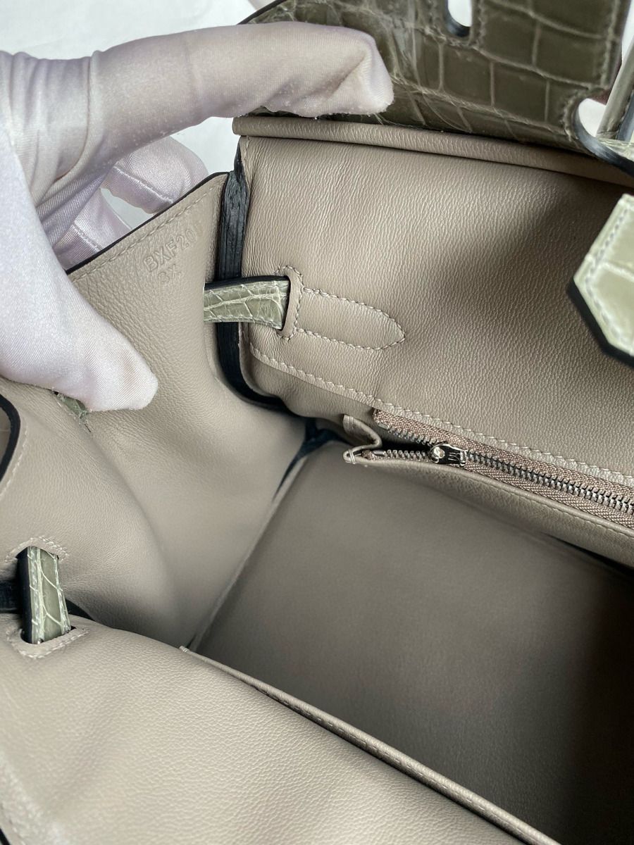 Hermes Touch Birkin 30 Bag In Gris Asphalt Clemence and Shiny Niloticus Crocodile Skin - Image 9