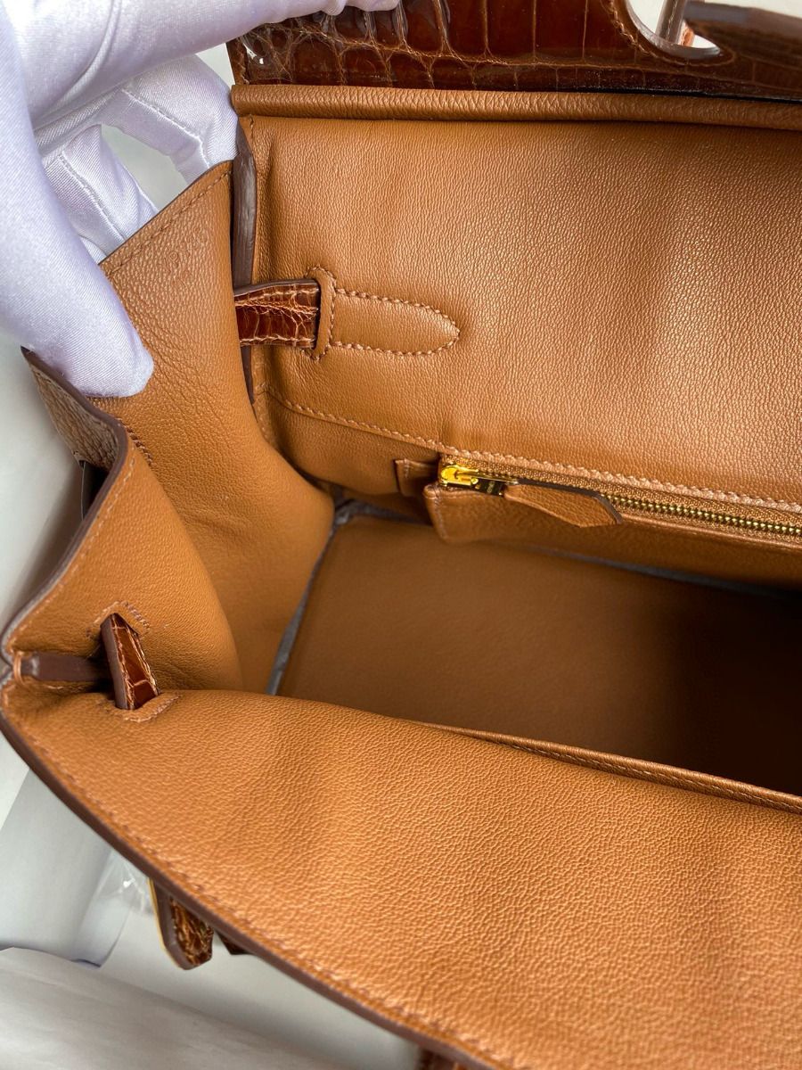 Hermes Touch Birkin 30 Bag In Gold Clemence and Shiny Niloticus Crocodile Skin - Image 9