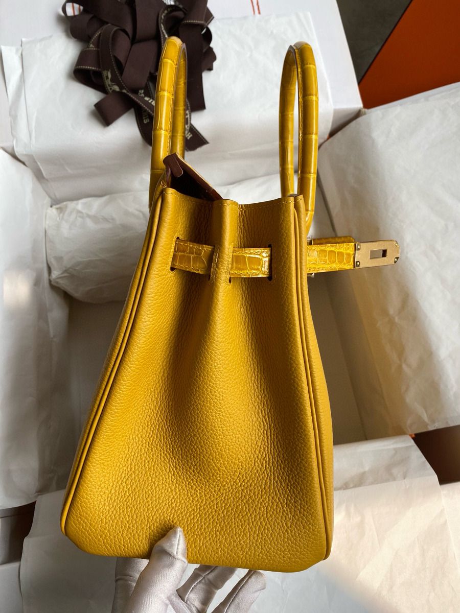 Hermes Touch Birkin 30 Bag In Yellow Clemence and Shiny Niloticus Crocodile Skin - Image 7