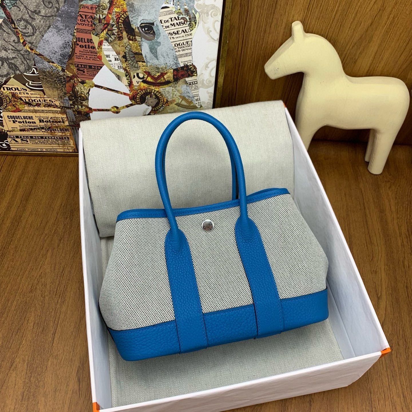 Hermes Neo Garden Party 23 Bag in Canvas and Blue Negonda Calfskin - Image 4