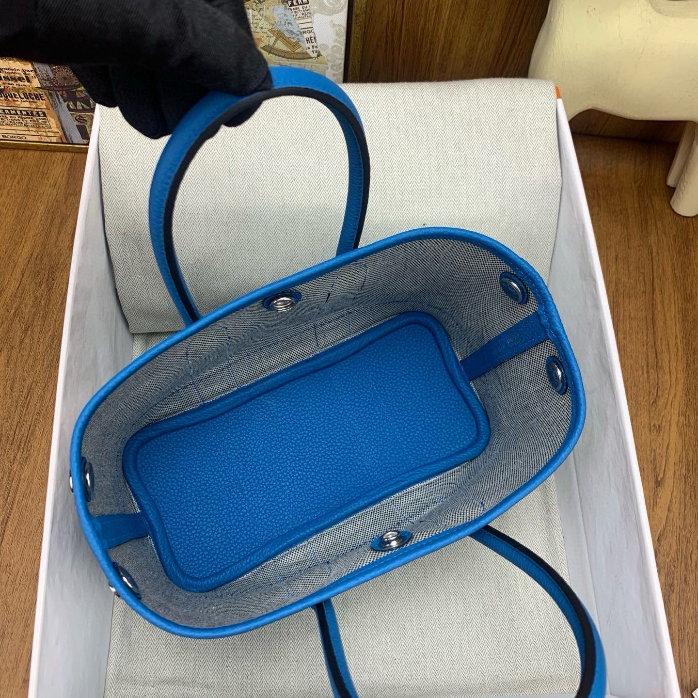 Hermes Neo Garden Party 23 Bag in Canvas and Blue Negonda Calfskin - Image 7