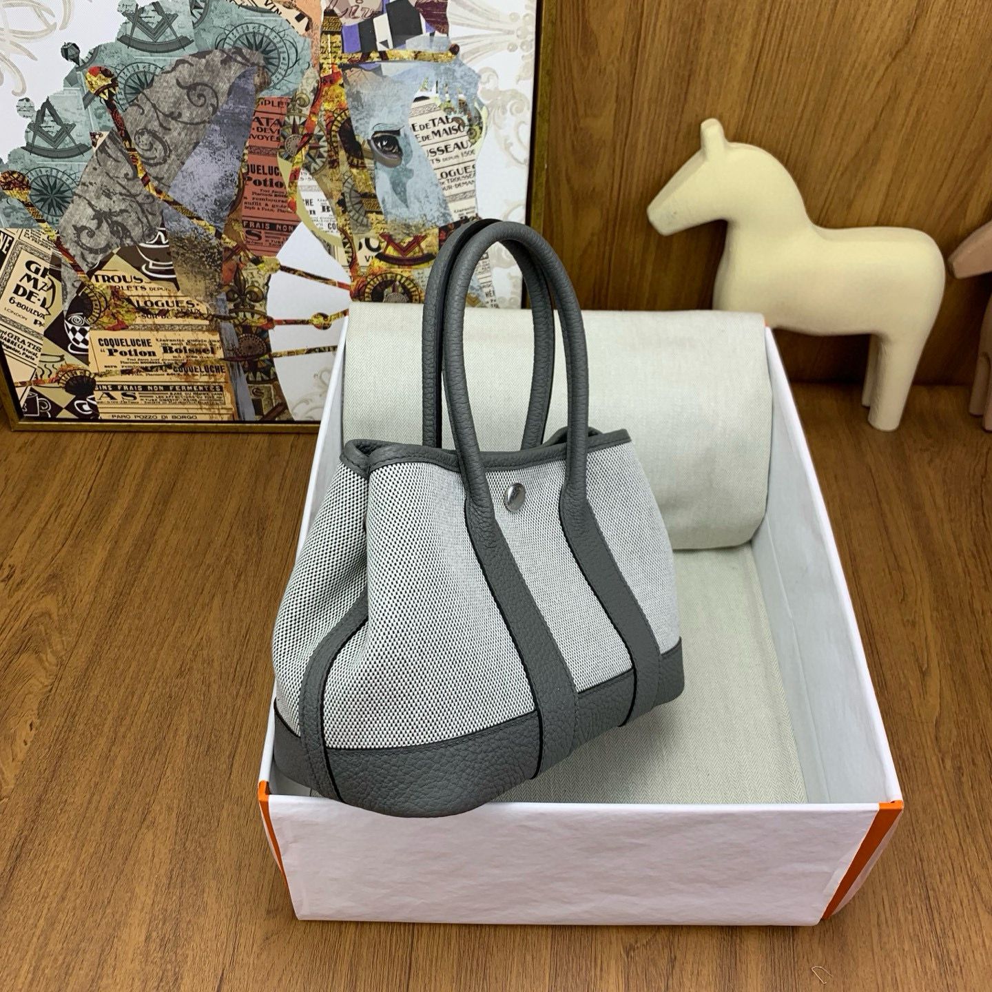 Hermes Neo Garden Party 23 Bag in Canvas and Gris Meyer Negonda Calfskin - Image 7