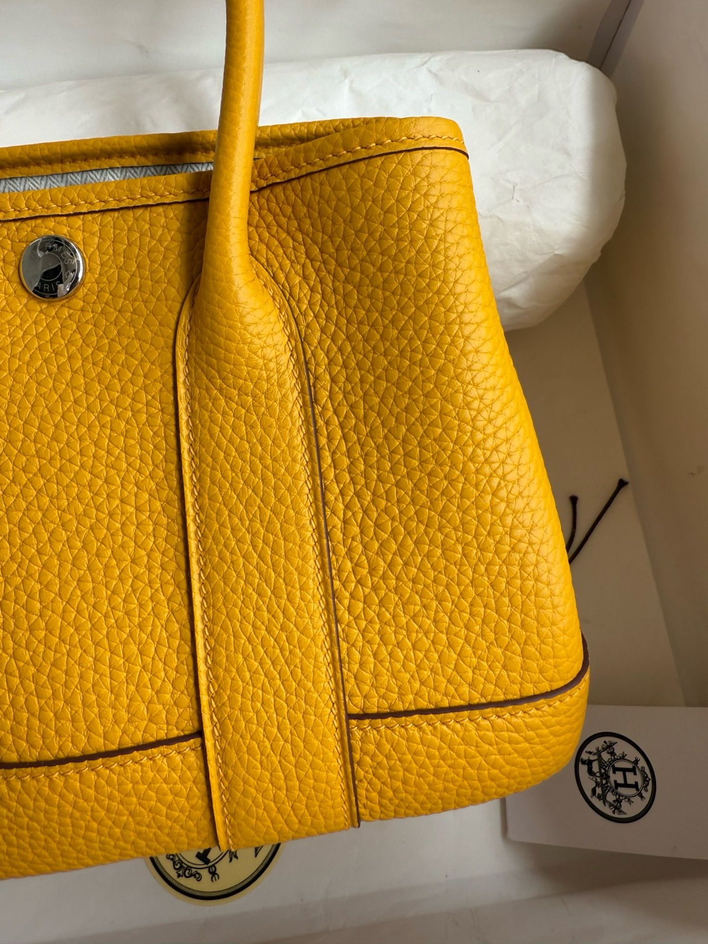 Hermes Neo Garden Party 23 Handmade Bag in Jaune Ambre Clemence Leather