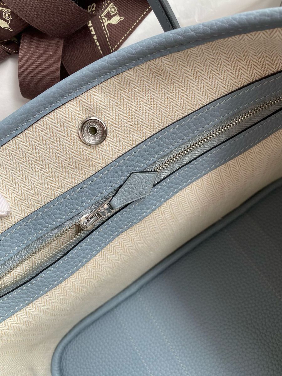 Hermes Garden Party 30 Handmade Bag in Blue Lin Clemence Leather - Image 8