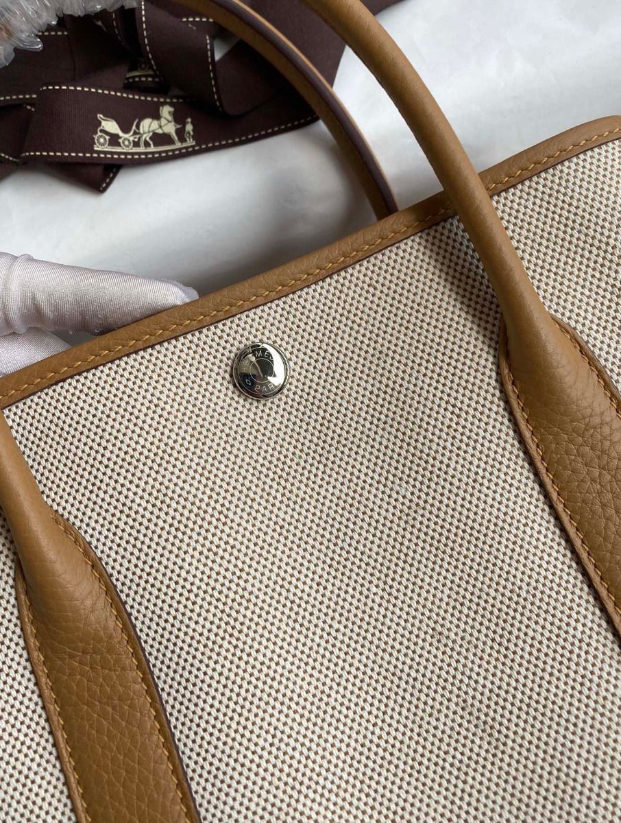 Hermes Garden Party 30 Handmade Bag in Toile and Biscuit Leather - Image 4