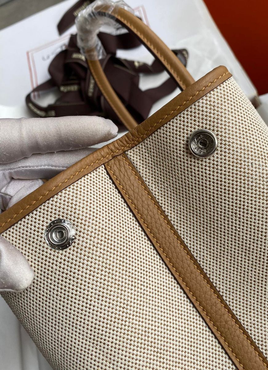 Hermes Garden Party 30 Handmade Bag in Toile and Biscuit Leather - Image 6
