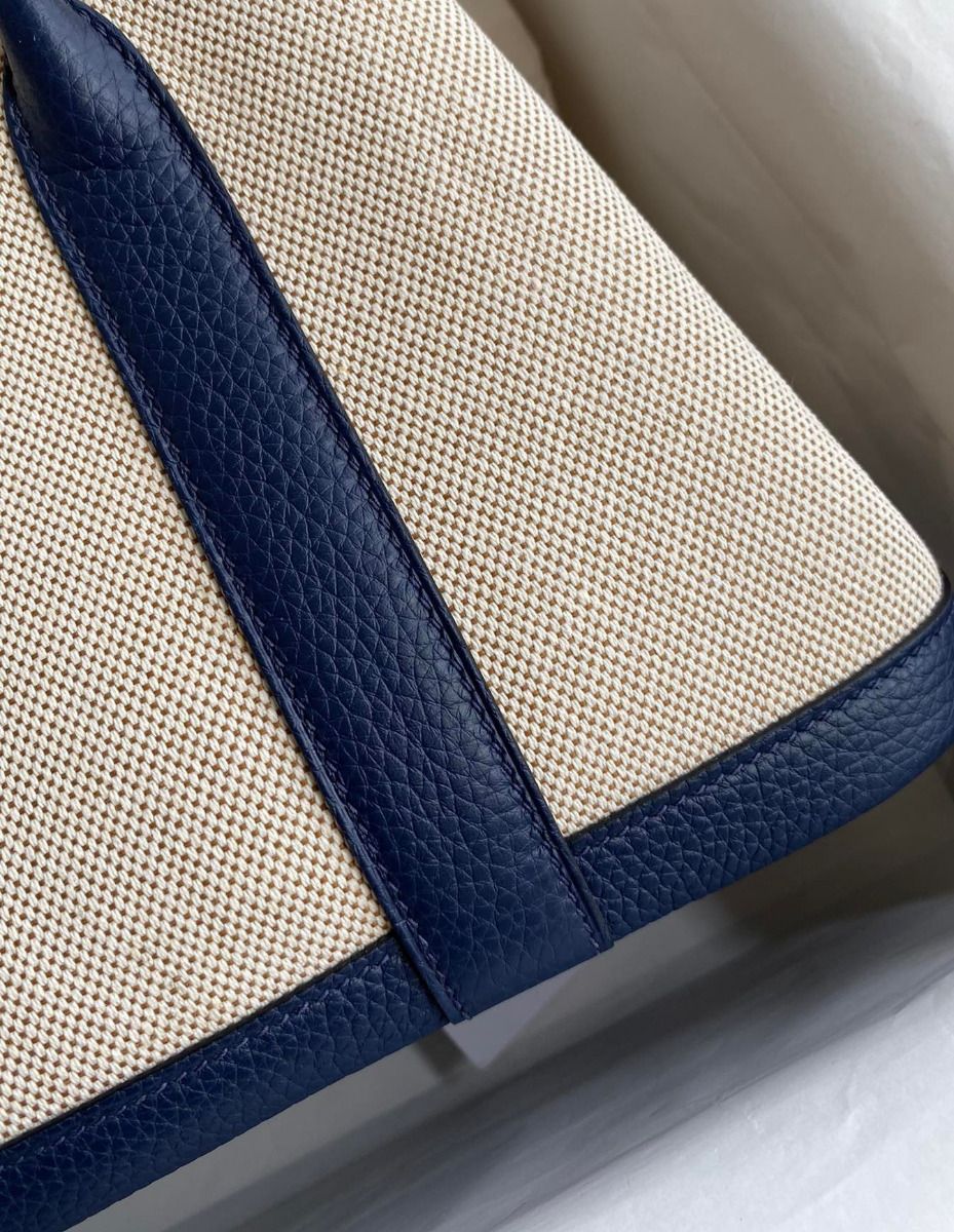 Hermes Garden Party 30 Handmade Bag in Toile and Blue Leather - Image 5