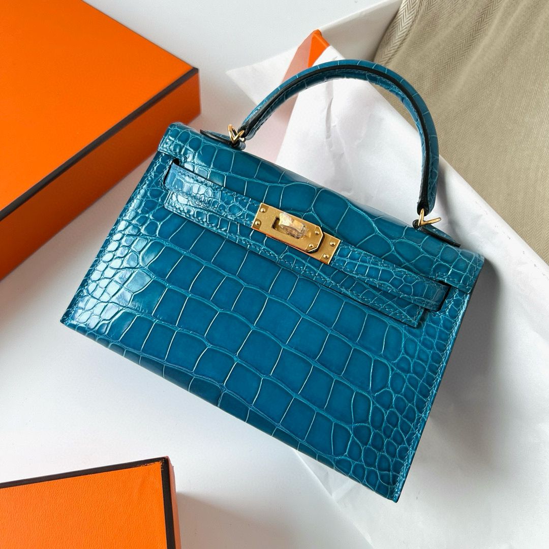 Hermes Kelly Mini II Sellier Handmade Bag in Blue Izmir Shiny Alligator Leather - Image 3