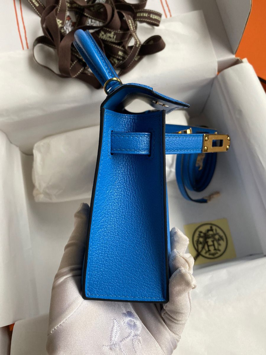 Hermes Kelly Mini II Sellier Handmade Bag In Blue Hydra Chevre Mysore Leather - Image 7