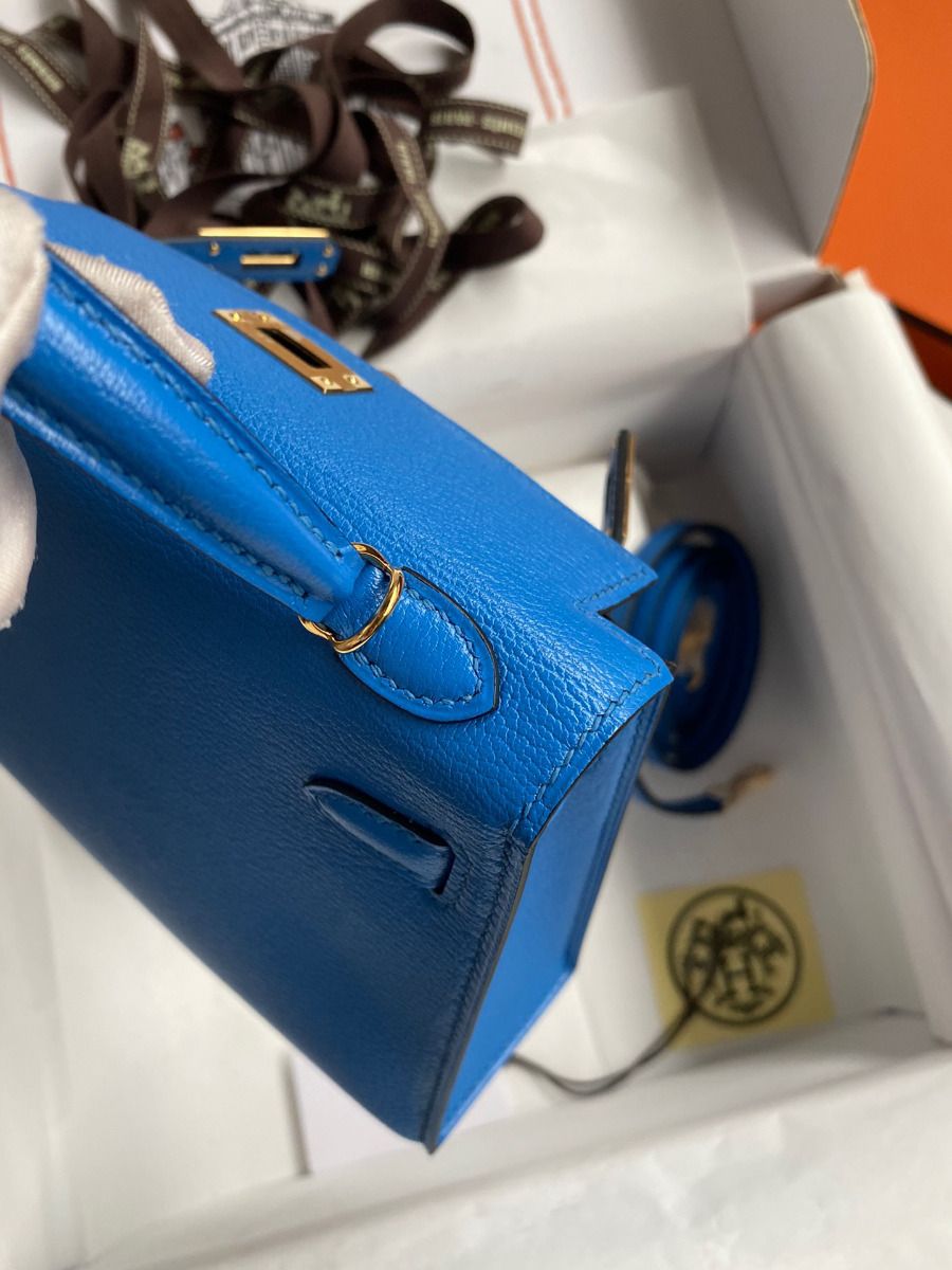 Hermes Kelly Mini II Sellier Handmade Bag In Blue Hydra Chevre Mysore Leather - Image 8