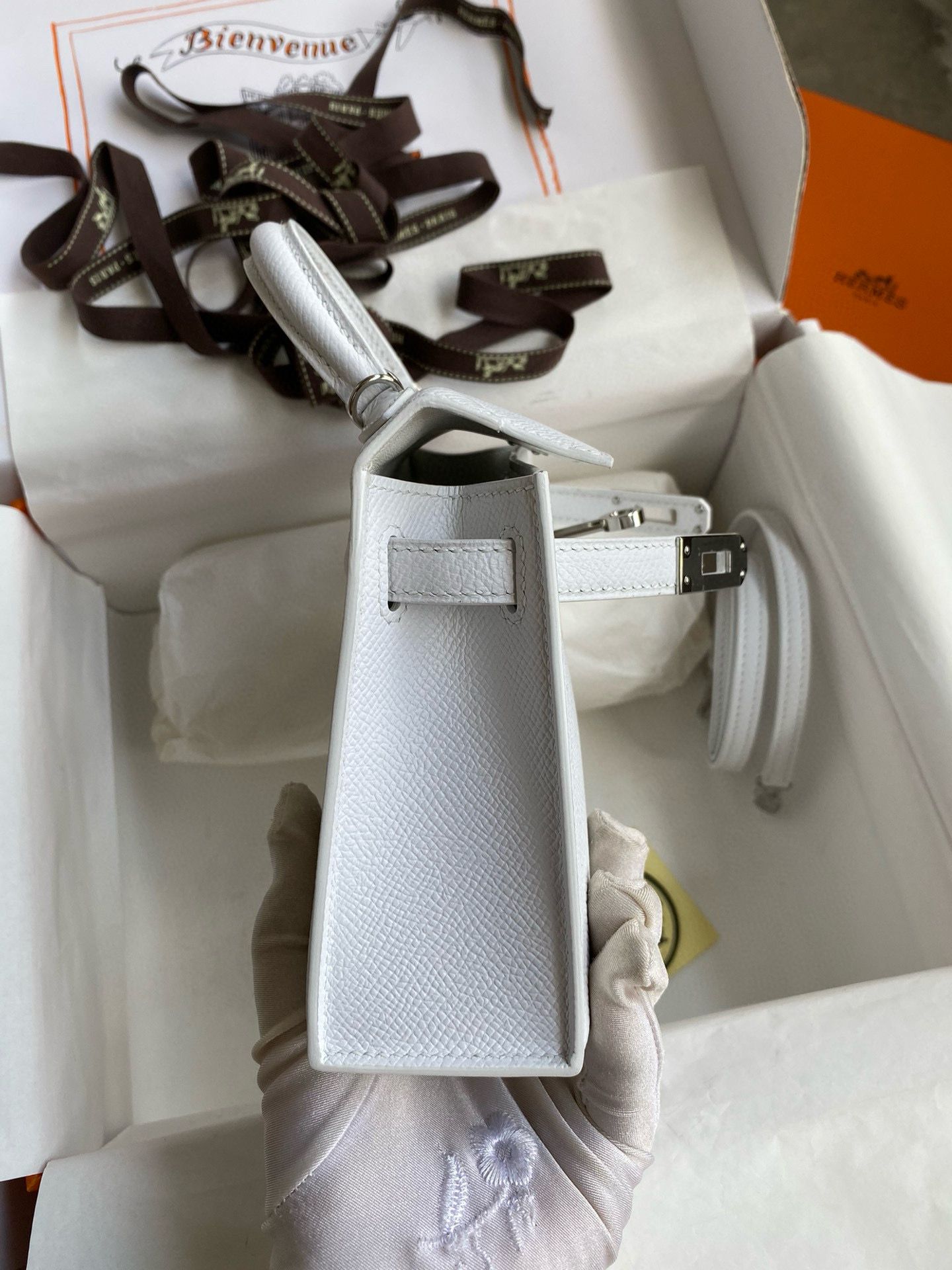 Hermes Kelly Mini II Sellier Handmade Bag In White Epsom Calfskin - Image 7
