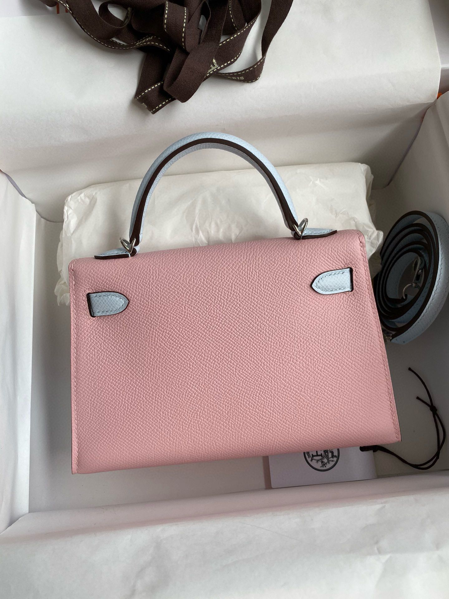 Hermes Kelly Mini II Sellier Bicolor Handmade Bag in Rose Sakura and Blue Brume Epsom Calfskin - Image 3