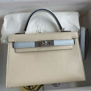 Hermes Kelly Mini II Sellier Bicolor Handmade Bag in Nata and Blue Brume Chevre Mysore Leather