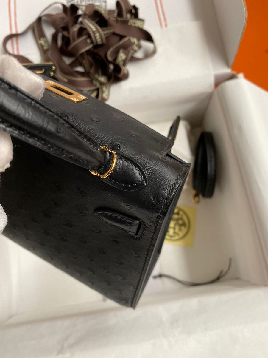Hermes Kelly Mini II Sellier Handmade Bag In Black Ostrich Leather - Image 7