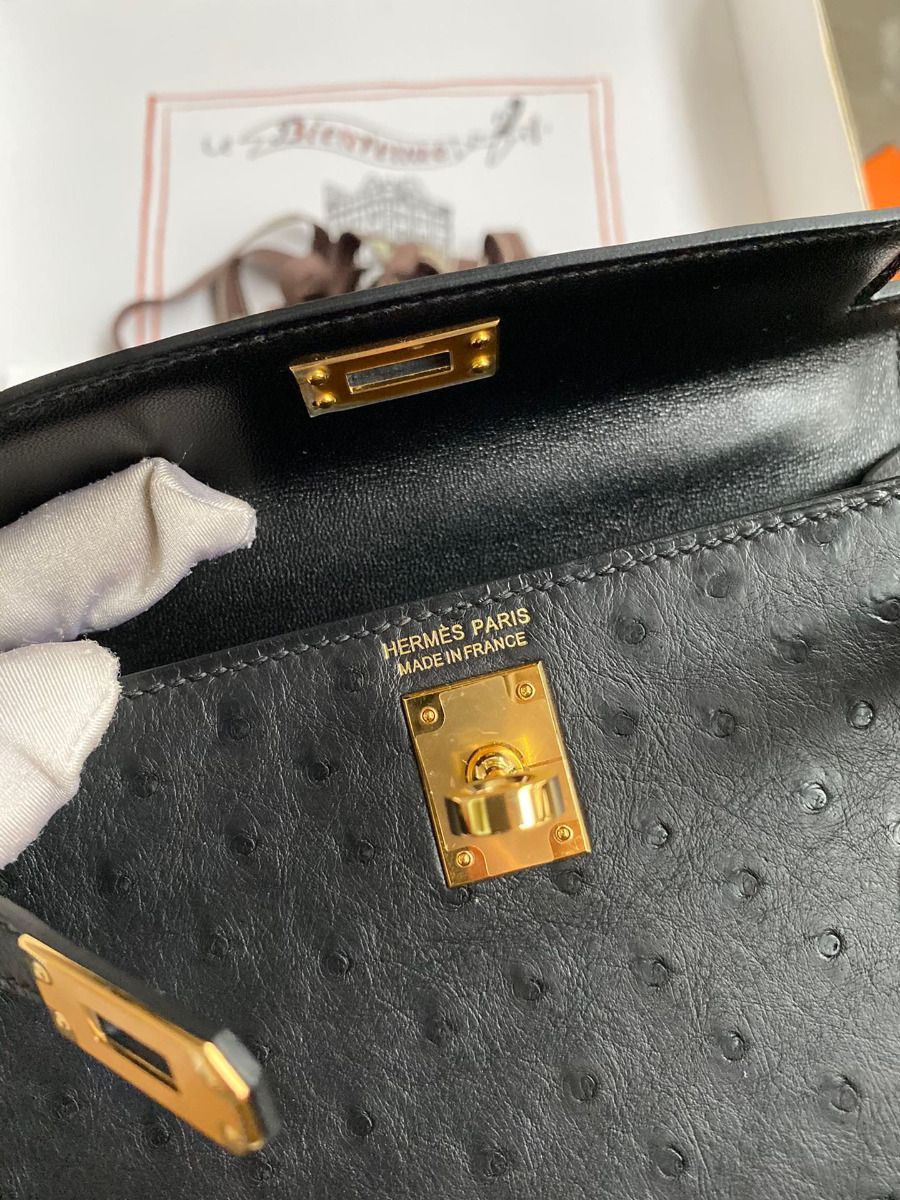Hermes Kelly Mini II Sellier Handmade Bag In Black Ostrich Leather - Image 8
