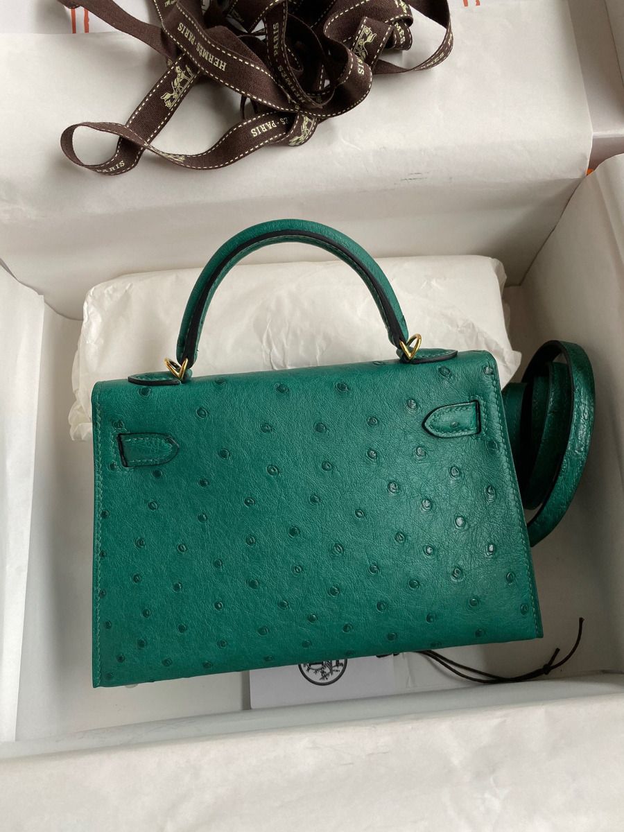 Hermes Kelly Mini II Sellier Handmade Bag In Vert Vertigo Ostrich Leather - Image 3
