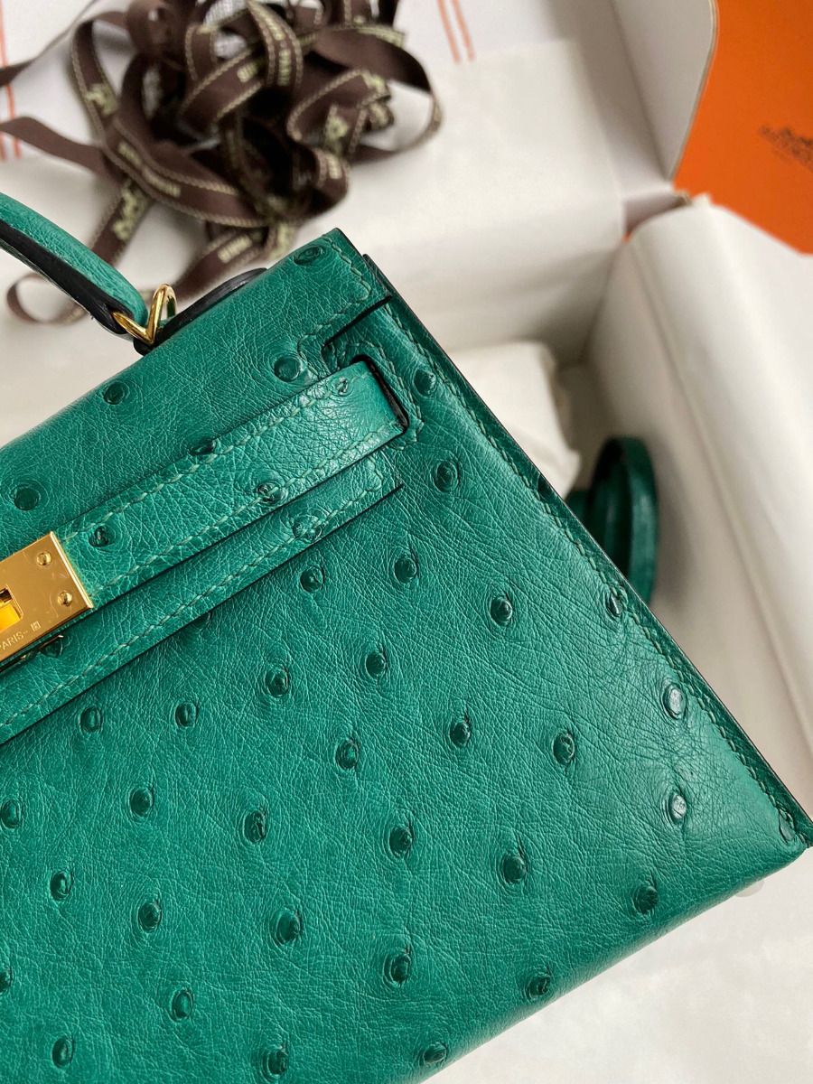 Hermes Kelly Mini II Sellier Handmade Bag In Vert Vertigo Ostrich Leather - Image 5