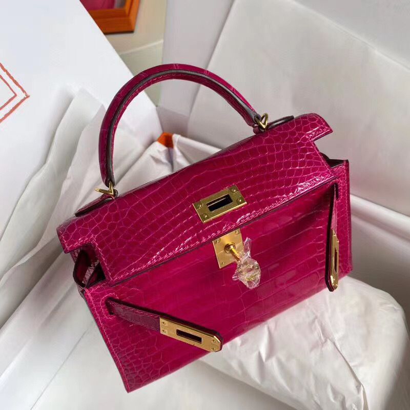Hermes Kelly Mini II Handmade Bag In Rose Red Alligator Crocodile - Image 9