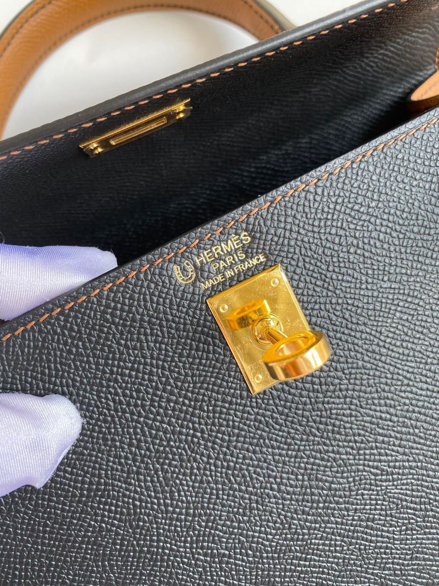 Hermes Kelly Sellier 25 Bicolor Bag in Black and Gold Epsom Calfskin - Image 9
