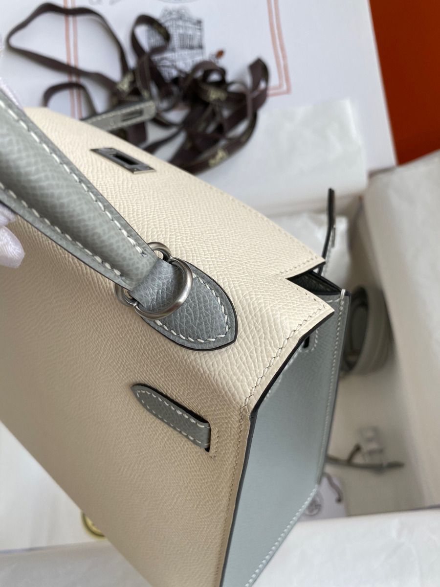 Hermes Kelly Sellier 25 Bicolor Bag in Craie and Gris Mouette Epsom Calfskin - Image 7