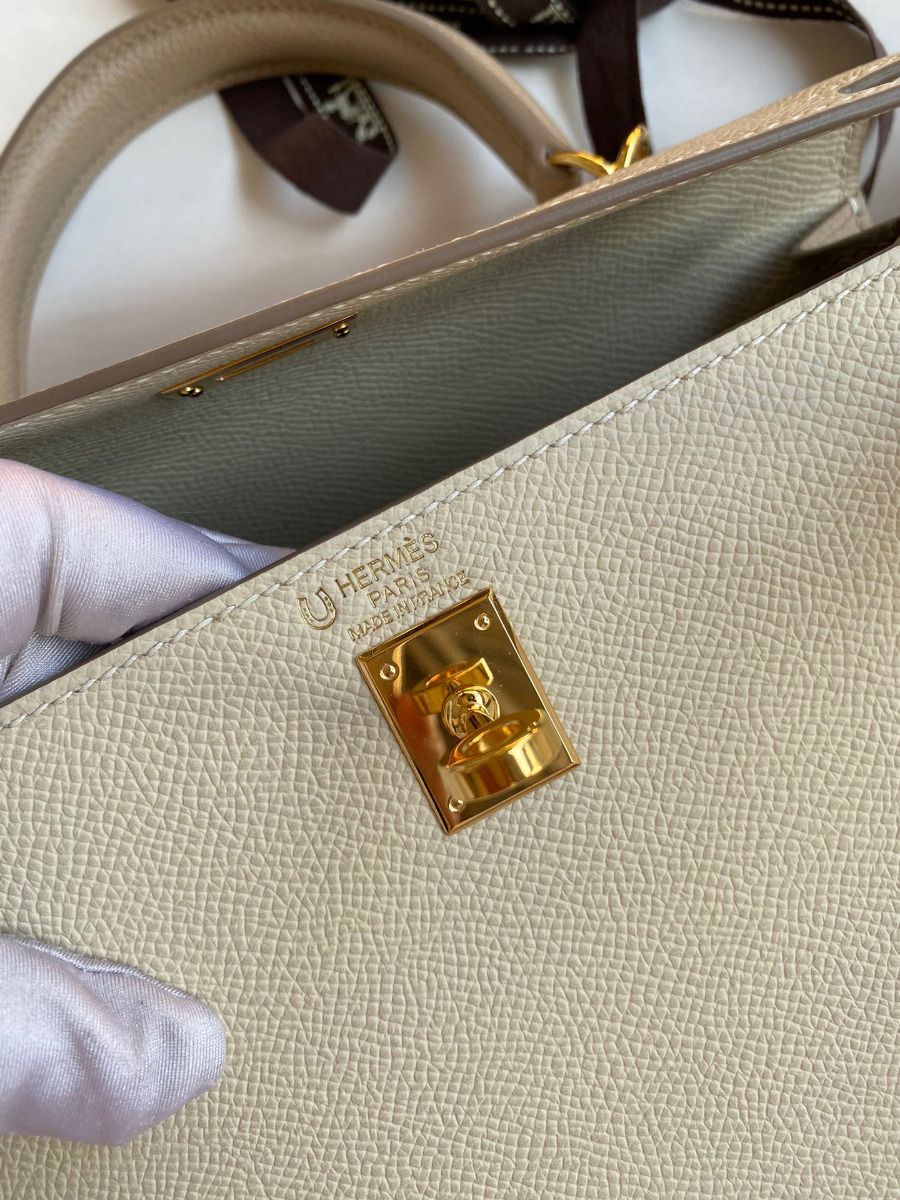 Hermes Kelly Sellier 25 Bicolor Bag in Craie and Trench Epsom Calfskin - Image 8