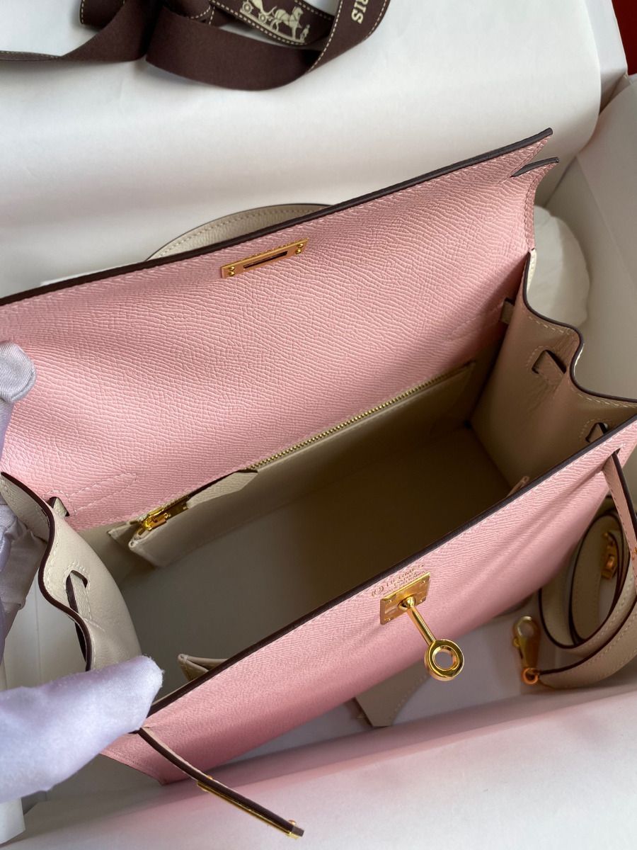 Hermes Kelly Sellier 25 Bicolor Bag in Rose Sakura and Craie Epsom Calfskin - Image 9