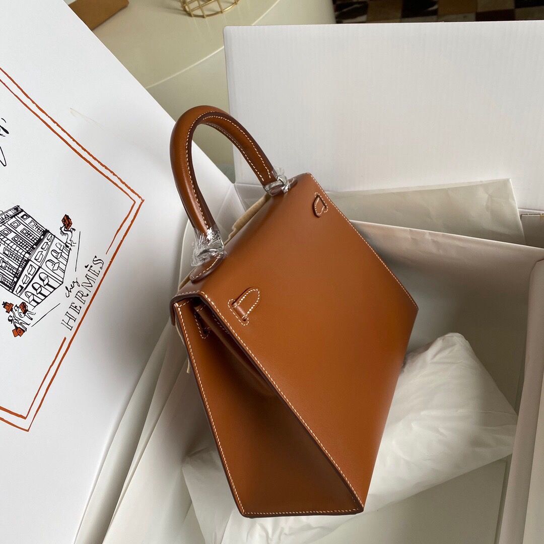 Hermes Kelly Sellier 25 Handmade Bag in Caramel Box Calfskin - Image 7
