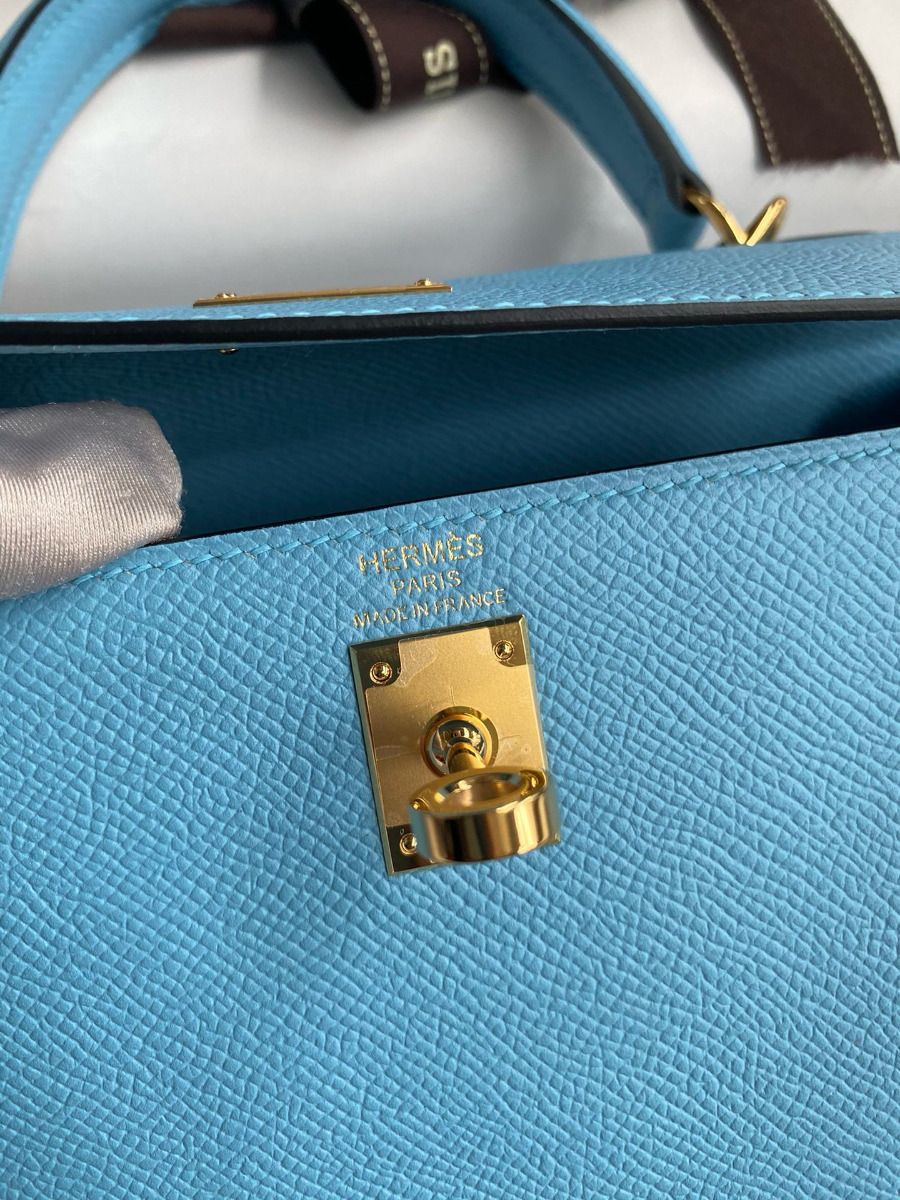 Hermes Kelly Sellier 25 Handmade Bag In Blue Candy Epsom Calfskin - Image 8