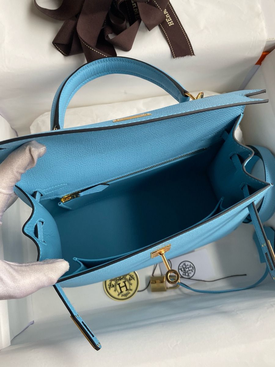 Hermes Kelly Sellier 25 Handmade Bag In Blue Candy Epsom Calfskin - Image 9