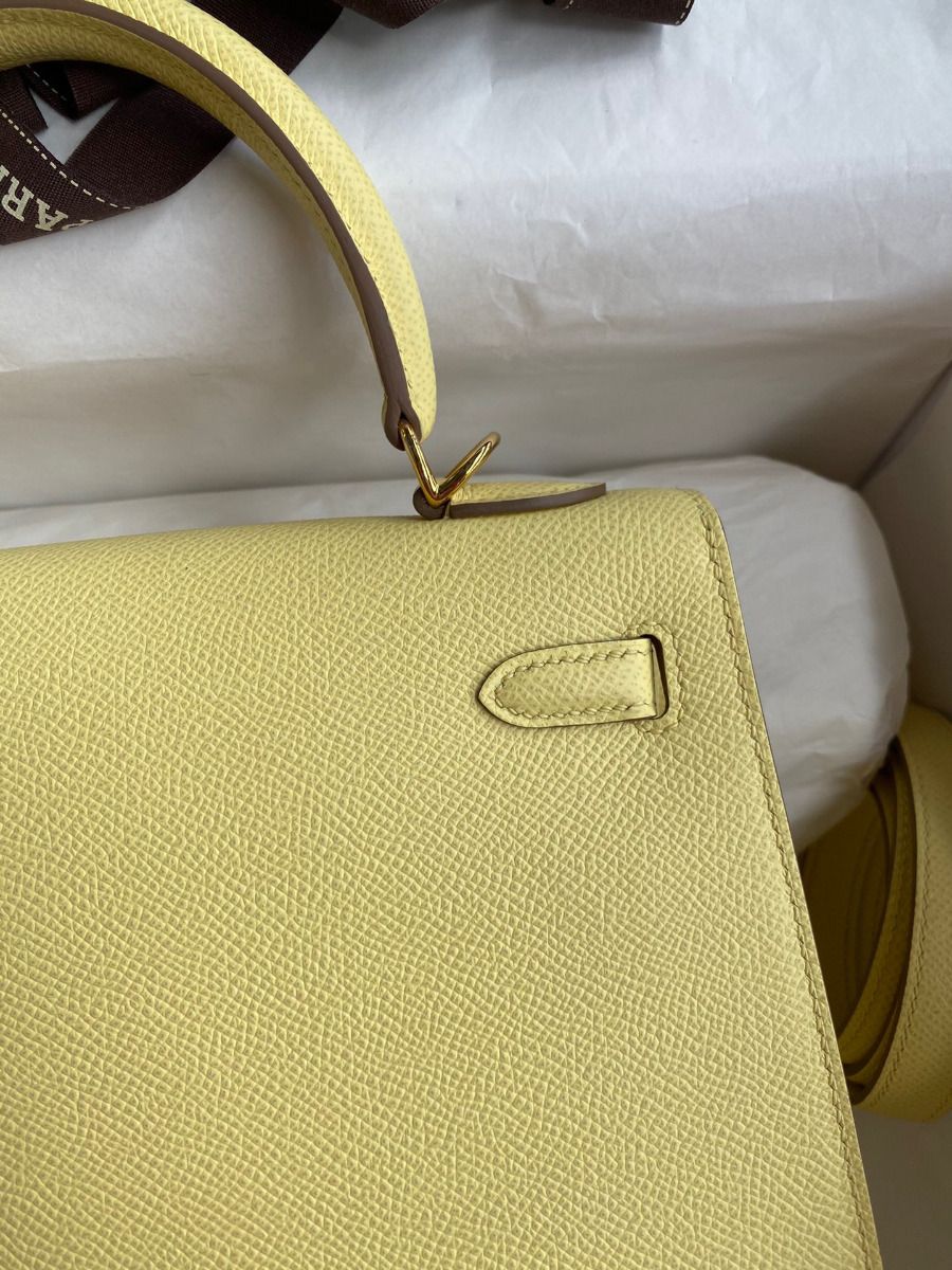 Hermes Kelly Sellier 25 Handmade Bag In Jaune Poussin Epsom Calfskin - Image 5