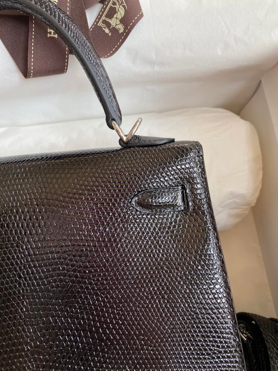 Hermes Kelly Sellier 25 Handmade Bag In Black Lizard Leather - Image 5