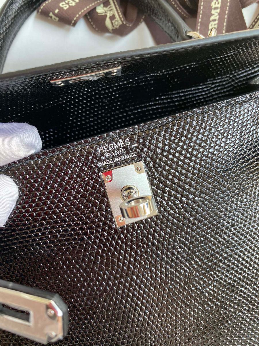 Hermes Kelly Sellier 25 Handmade Bag In Black Lizard Leather - Image 8