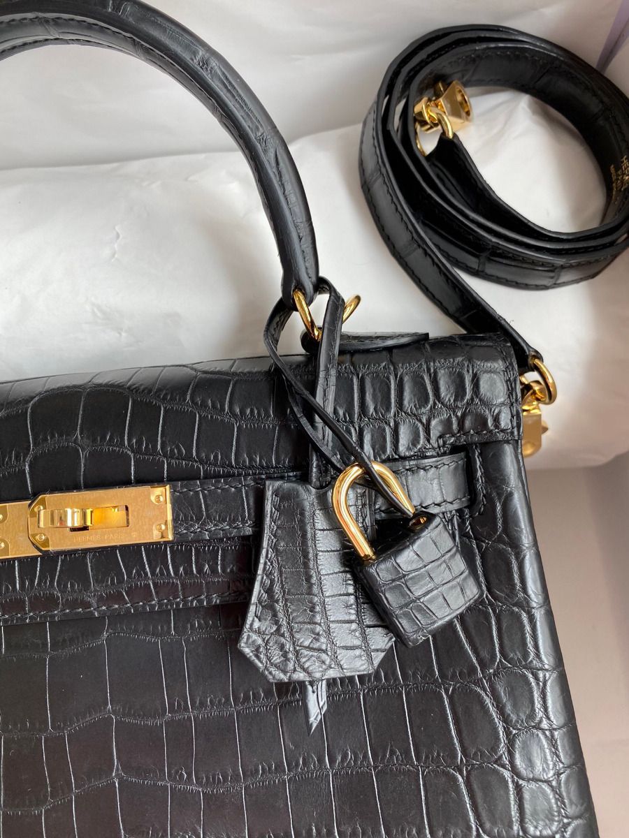 Hermes Kelly Retourne 25 Handmade Bag In Black Crocodile Niloticus Matte Skin - Image 4