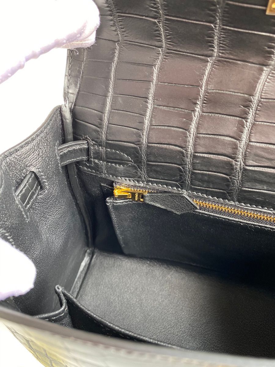 Hermes Kelly Retourne 25 Handmade Bag In Black Crocodile Niloticus Matte Skin - Image 9