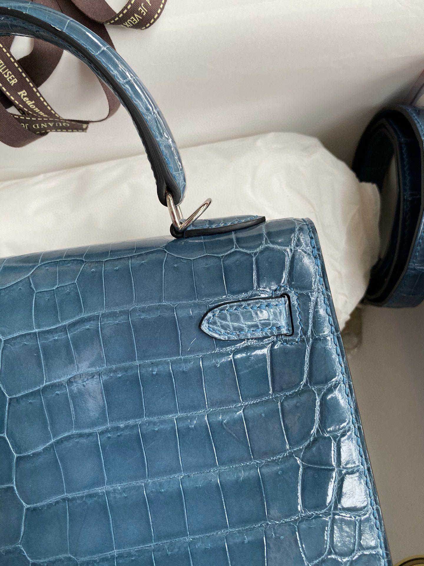 Hermes Kelly Retourne 25 Handmade Bag Blue Jean Crocodile Niloticus Shiny Skin - Image 5
