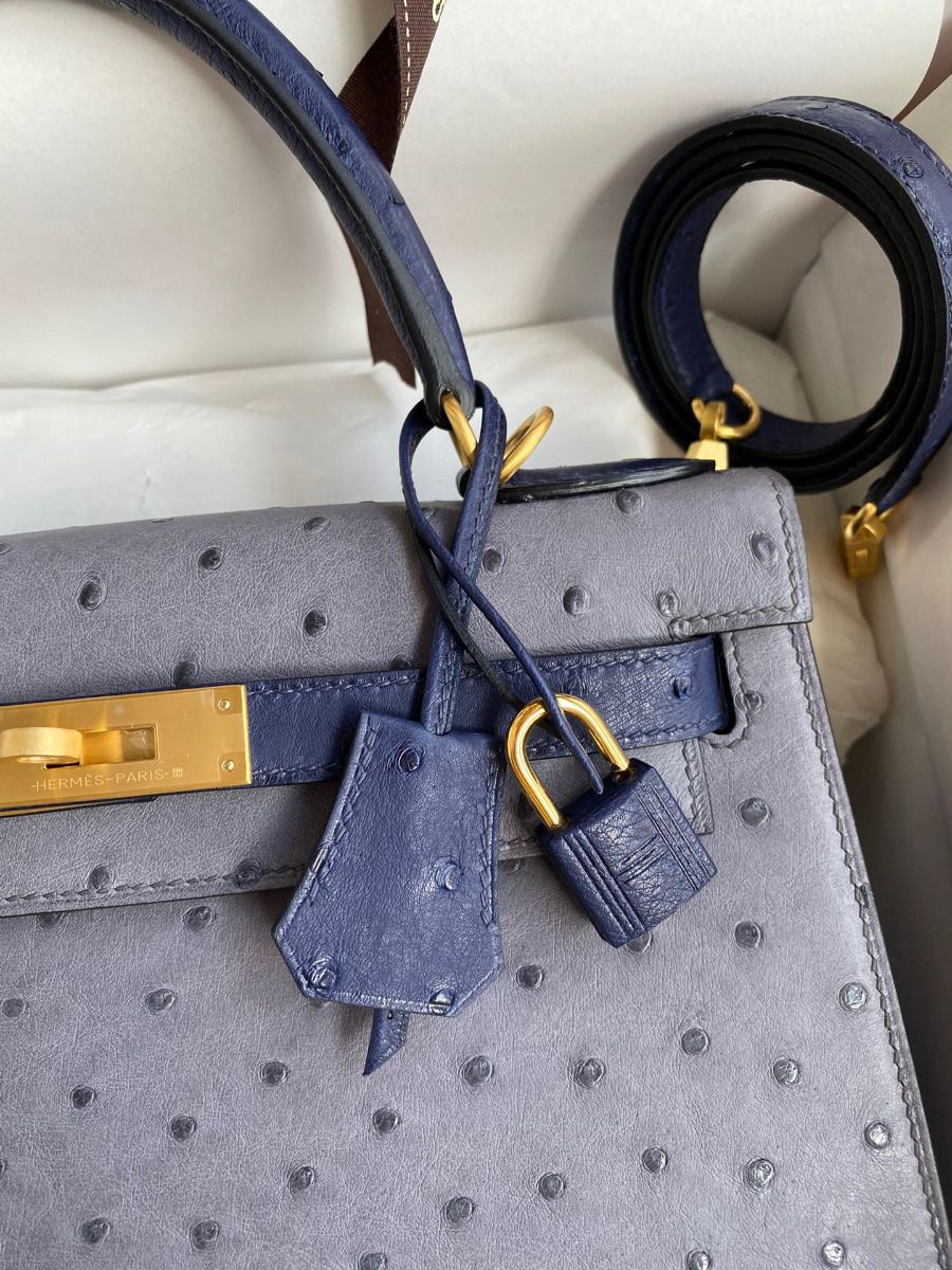 Hermes Kelly Sellier 25 Bicolor Bag in Gris Agate and Blue Ostrich Leather - Image 4