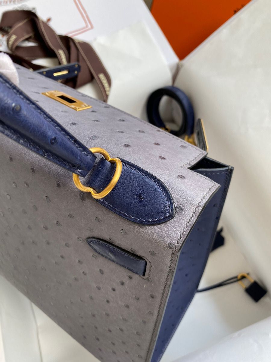 Hermes Kelly Sellier 25 Bicolor Bag in Gris Agate and Blue Ostrich Leather - Image 7