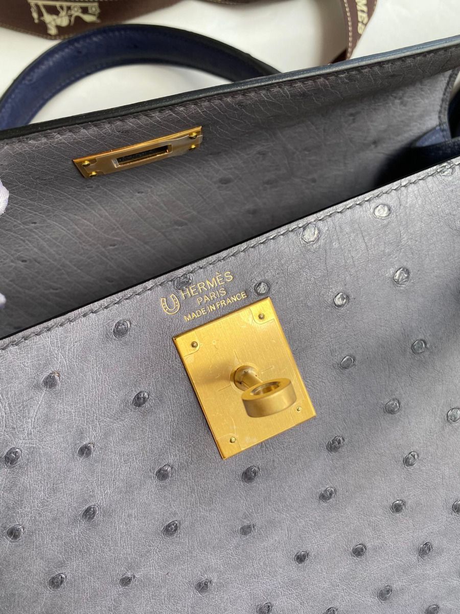 Hermes Kelly Sellier 25 Bicolor Bag in Gris Agate and Blue Ostrich Leather - Image 8