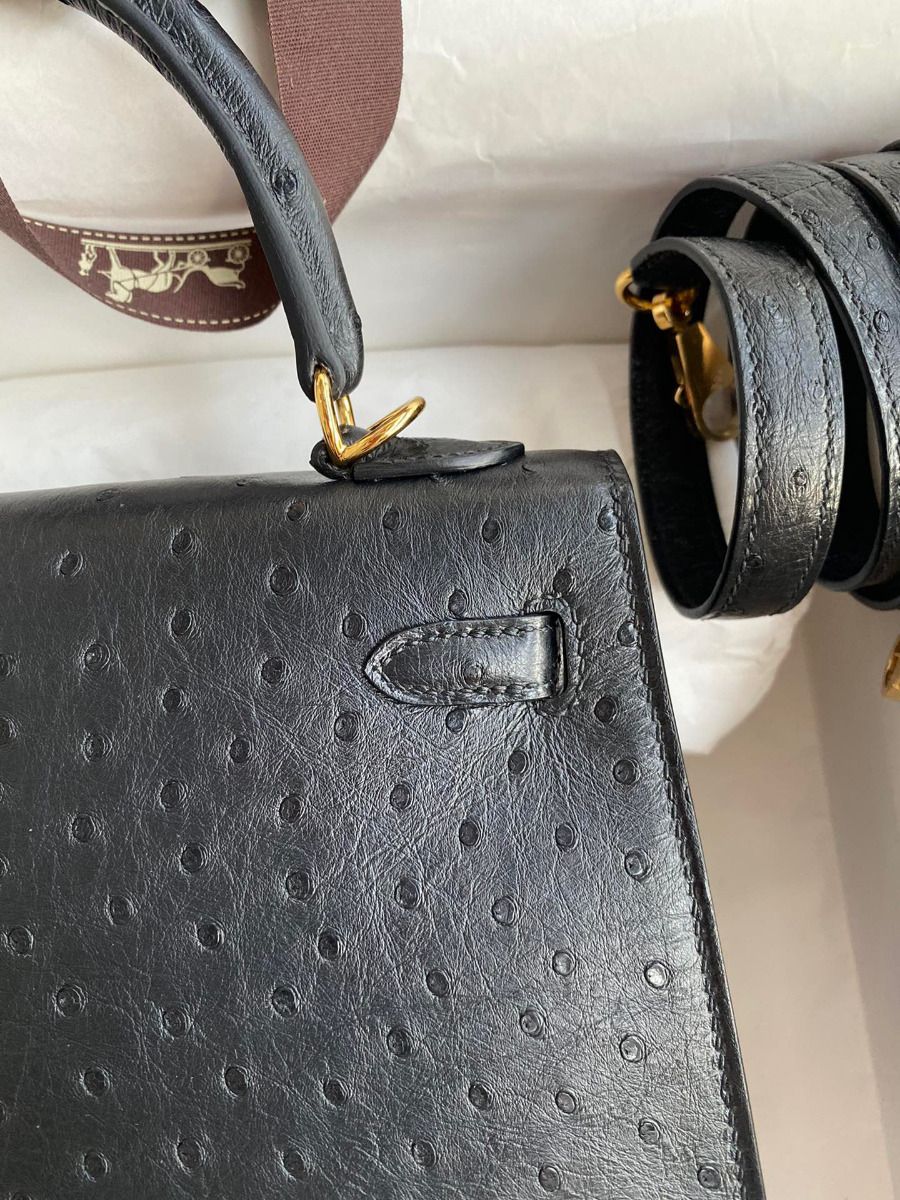 Hermes Kelly Sellier 25 Handmade Bag In Black Ostrich Leather - Image 6