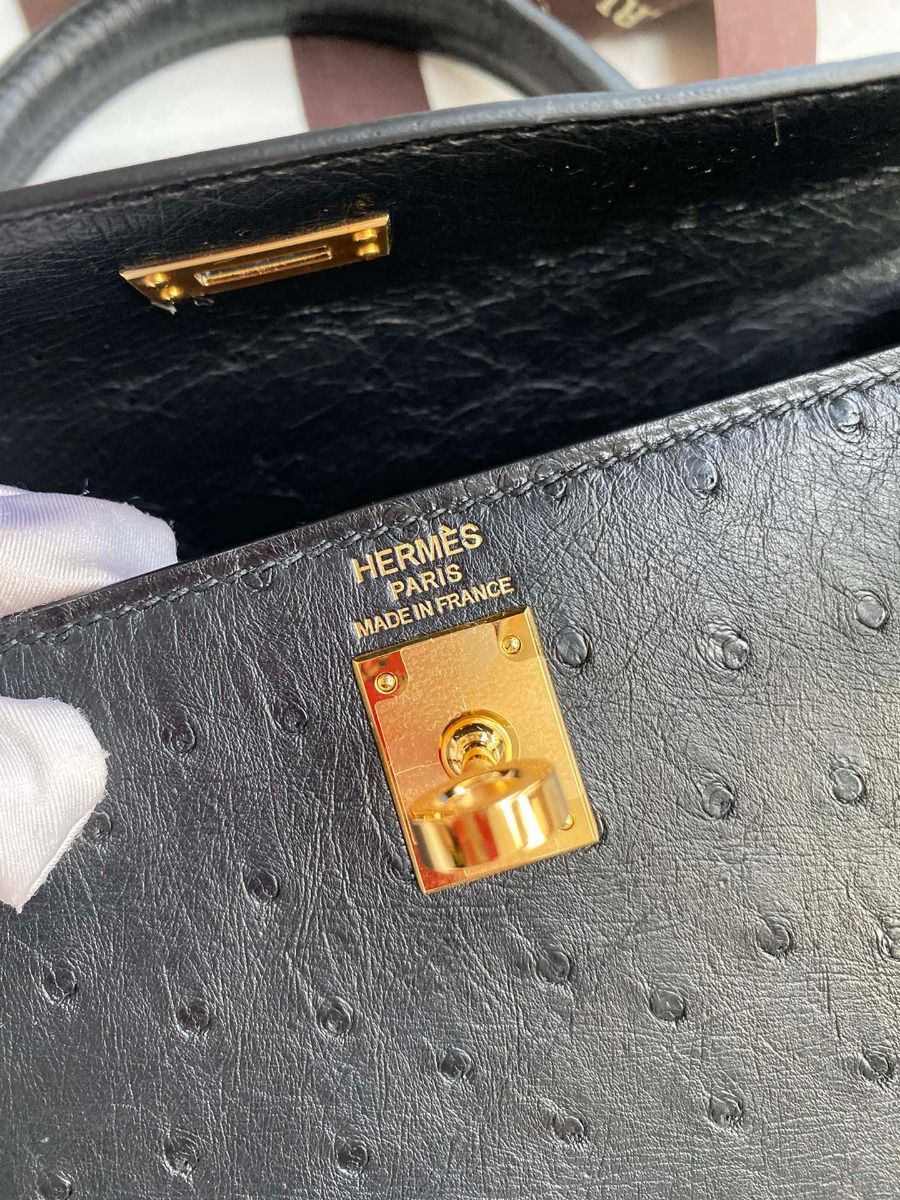 Hermes Kelly Sellier 25 Handmade Bag In Black Ostrich Leather - Image 8